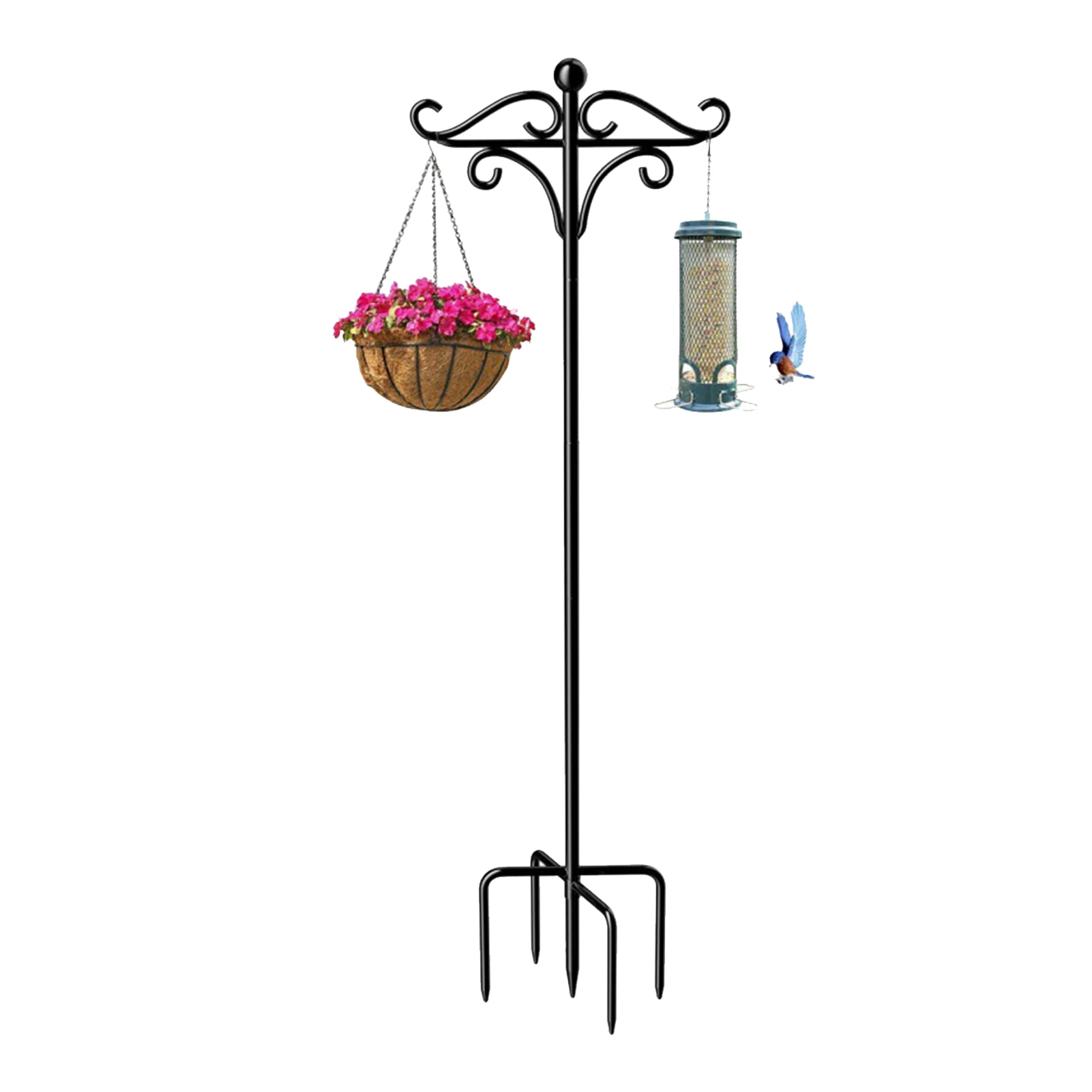 Double Shepherds Hooks For Outdoor, Bird Feeder Pole Shepherds Hook, Heavy Duty Iron Adjustable Hook Outside With 5 Prongs Base For Outside