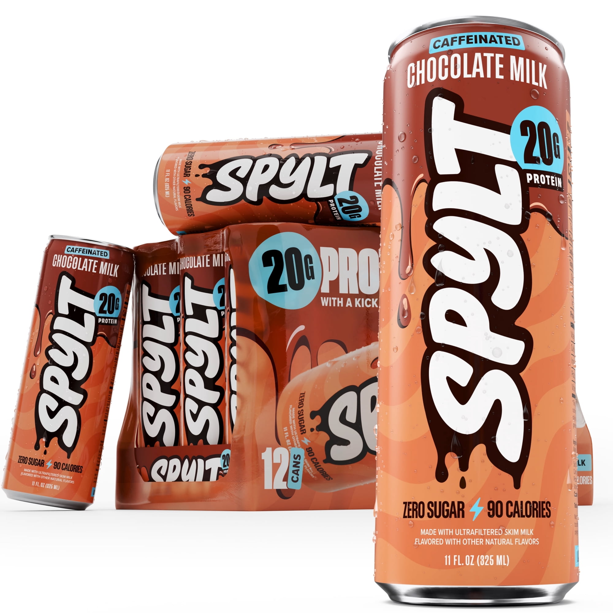 SPYLT High Protein Milk, Chocolate, 20g Protein, 60mg Caffeine, Sugar Free, 11 fl oz, 12 Cans - Packaging May Vary