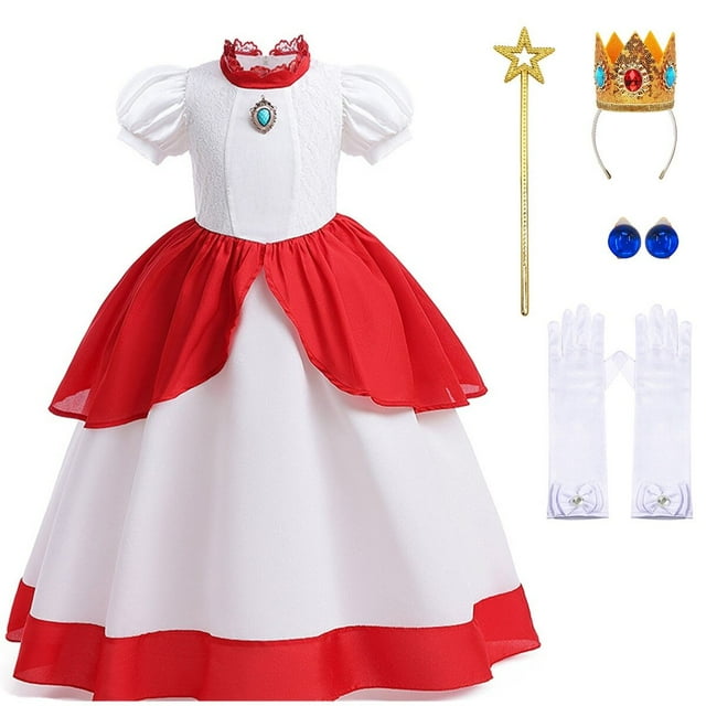 HAWEE Costume de Pêche Filles Champignon Princess Peach Robe pour Anniversaire Halloween Cadeaux de Fête Tenue avec Accessoires