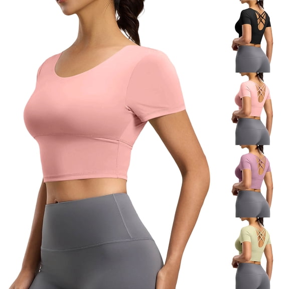 Women's Short Sleeve Crop Shirts Scoop Neck Slim Fit Strappy Open Back Criss Cross Jersey Summer Activewear, Workout Yoga Pilates Athletic Fitness Running Tops
