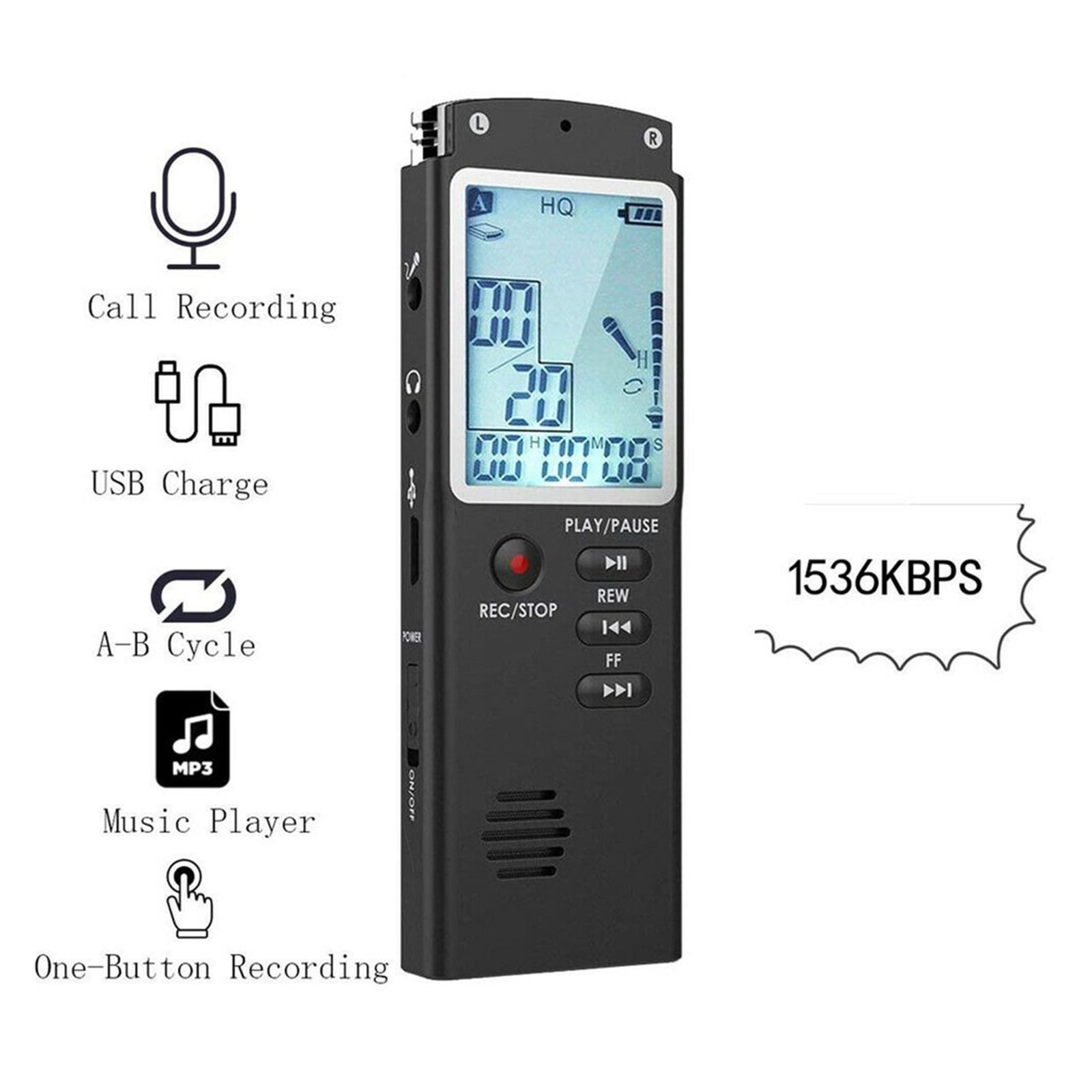 Voice Recorder USB 96 Hours Dictaphone Digital Voice Recorder with Screen, WAV, MP3 Player