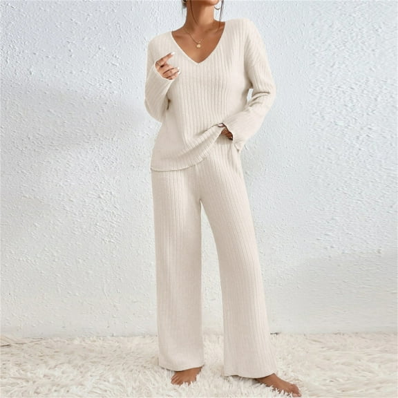 2 Piece Sweater Sets For Women V Neck Long Sleeve Knit Sweater Wide Leg Pants Sweatsuit Fall Lounge Wear Beige XL