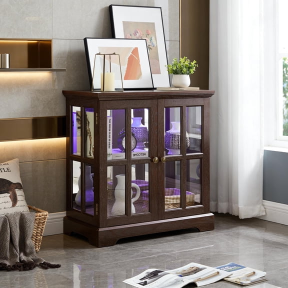 Antique LED Curio Cabinet with Lattice Doors and Adjustable Shelves, Retro Display Showcase for Collectibles and Books