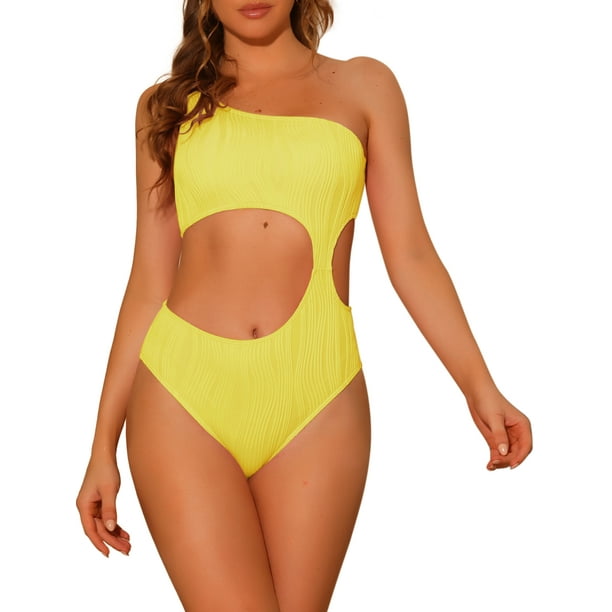 INSPIRAR CHIC Traje de baño de una pieza para mujer, un hombro, corte asimétrico en la cintura, tela acanalada, bañador, monokini, pequeño, amarillo