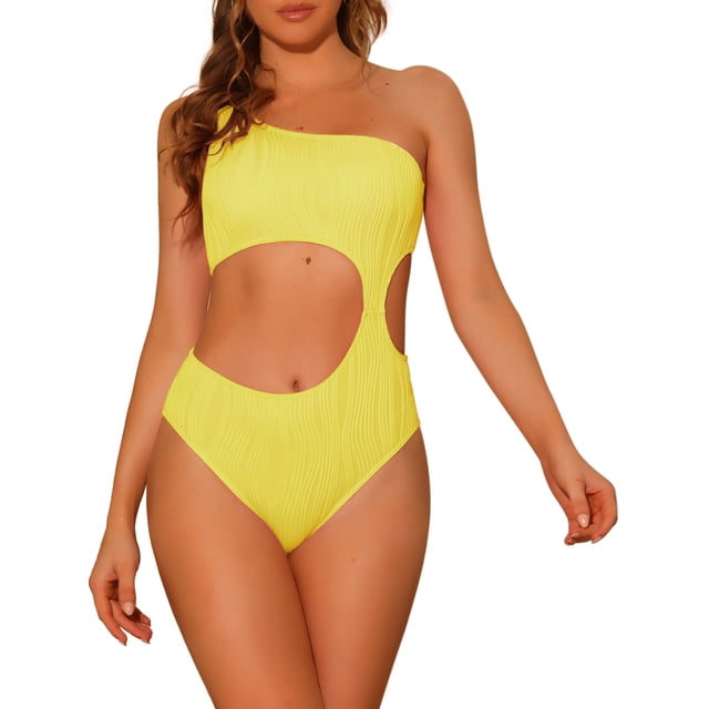 INSPIRAR CHIC Traje de baño de una pieza para mujer, un hombro, corte asimétrico en la cintura, tela acanalada, bañador, monokini, pequeño, amarillo