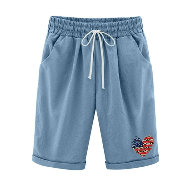 Pantalones cortos de lino y algodón de talla grande con estampado de bandera de verano para mujer con cinco puntos Pompotops ulkah937675