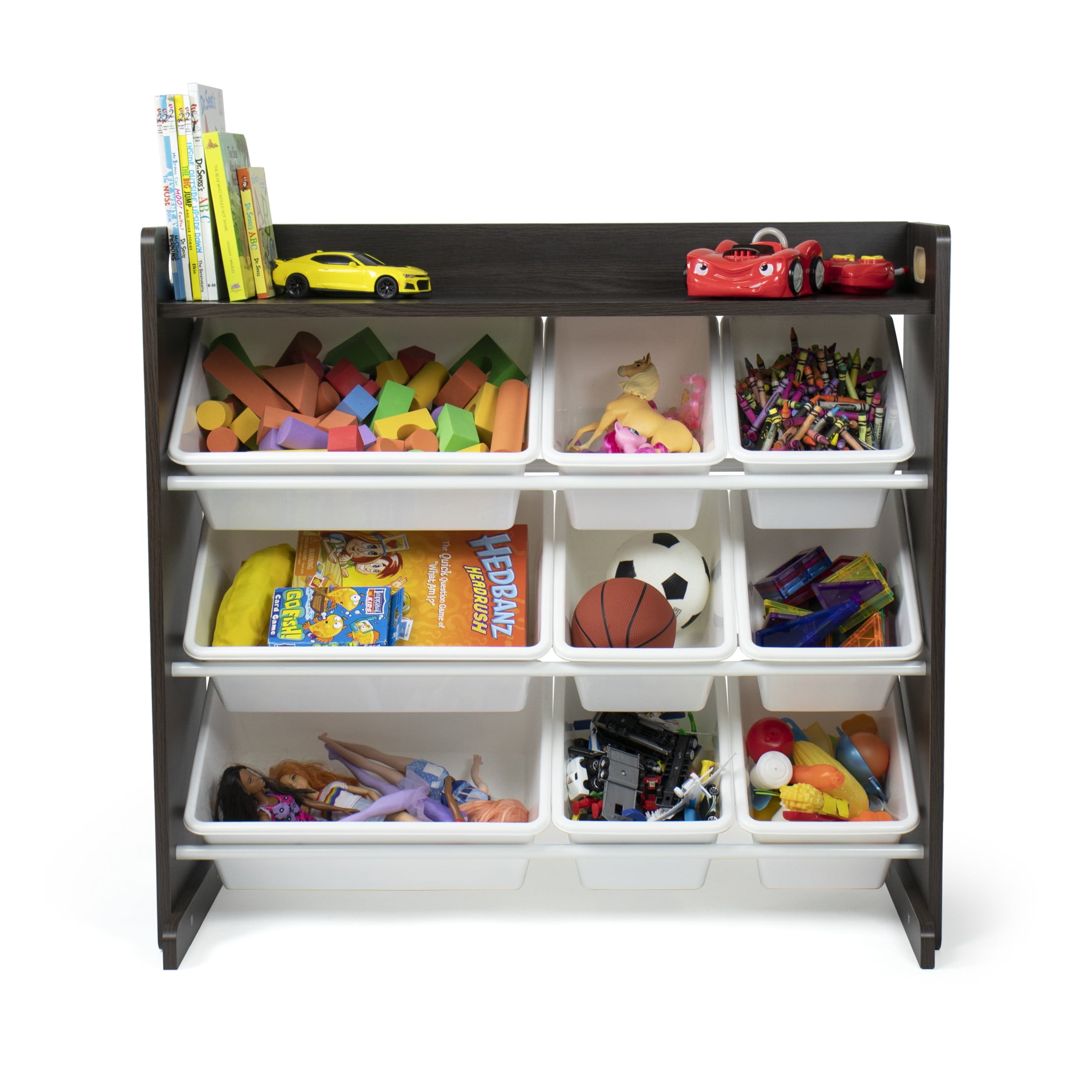 Humble Crew Kids Toy Storage Organizer with Shelf and 9 Plastic Storage Bins, Espresso/White