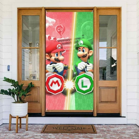 Luigi's Mansion Mario Game Door Cover Decorated Banner Tapestry Home Decoration Holiday Party Supplies Door Banner Porch Sign Banner 72.8 x 35.4 Inch