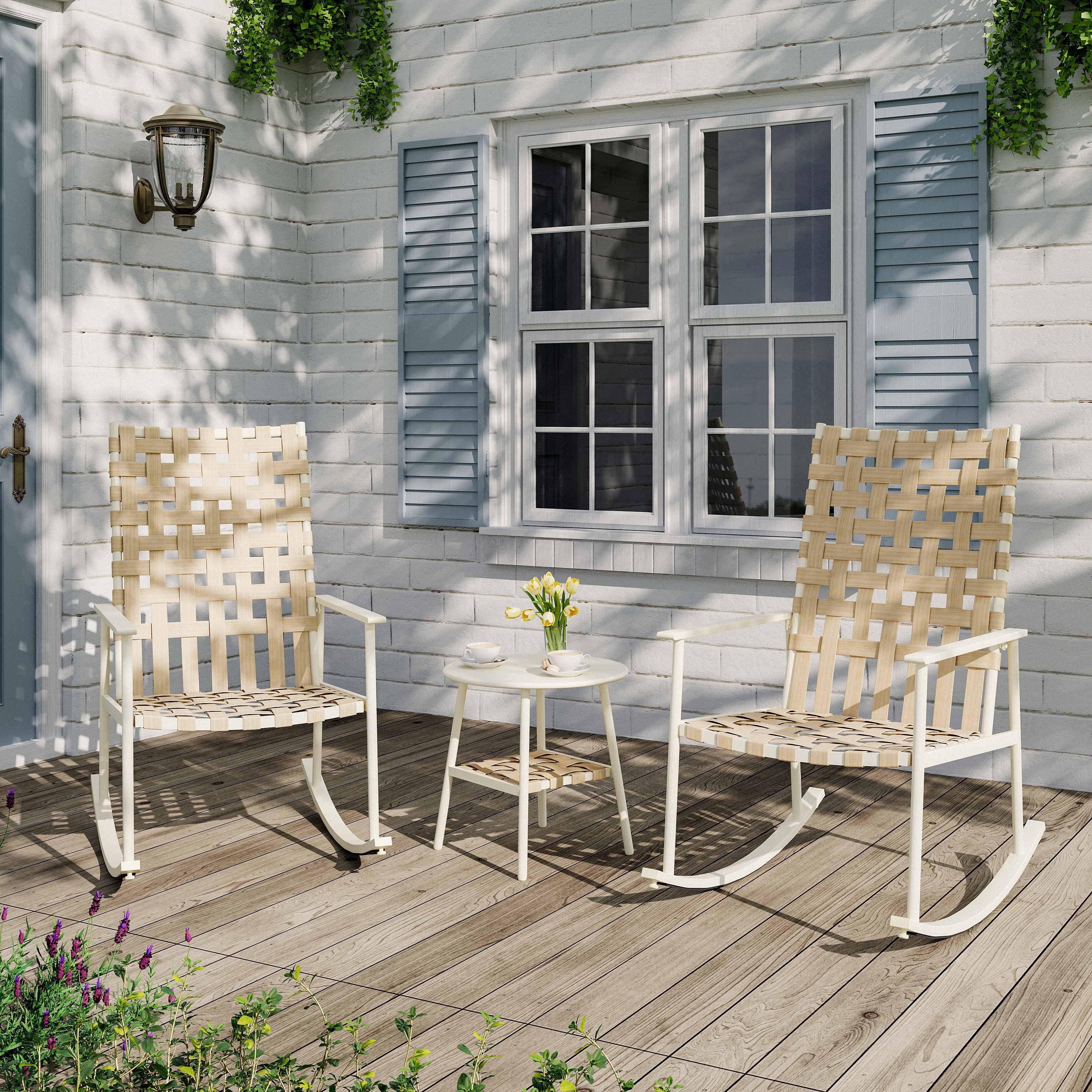 LAUSAINT HOME 3-Piece Outdoor Patio Furniture Set, 2 Wicker Rocking Chairs with Side Table, Beige