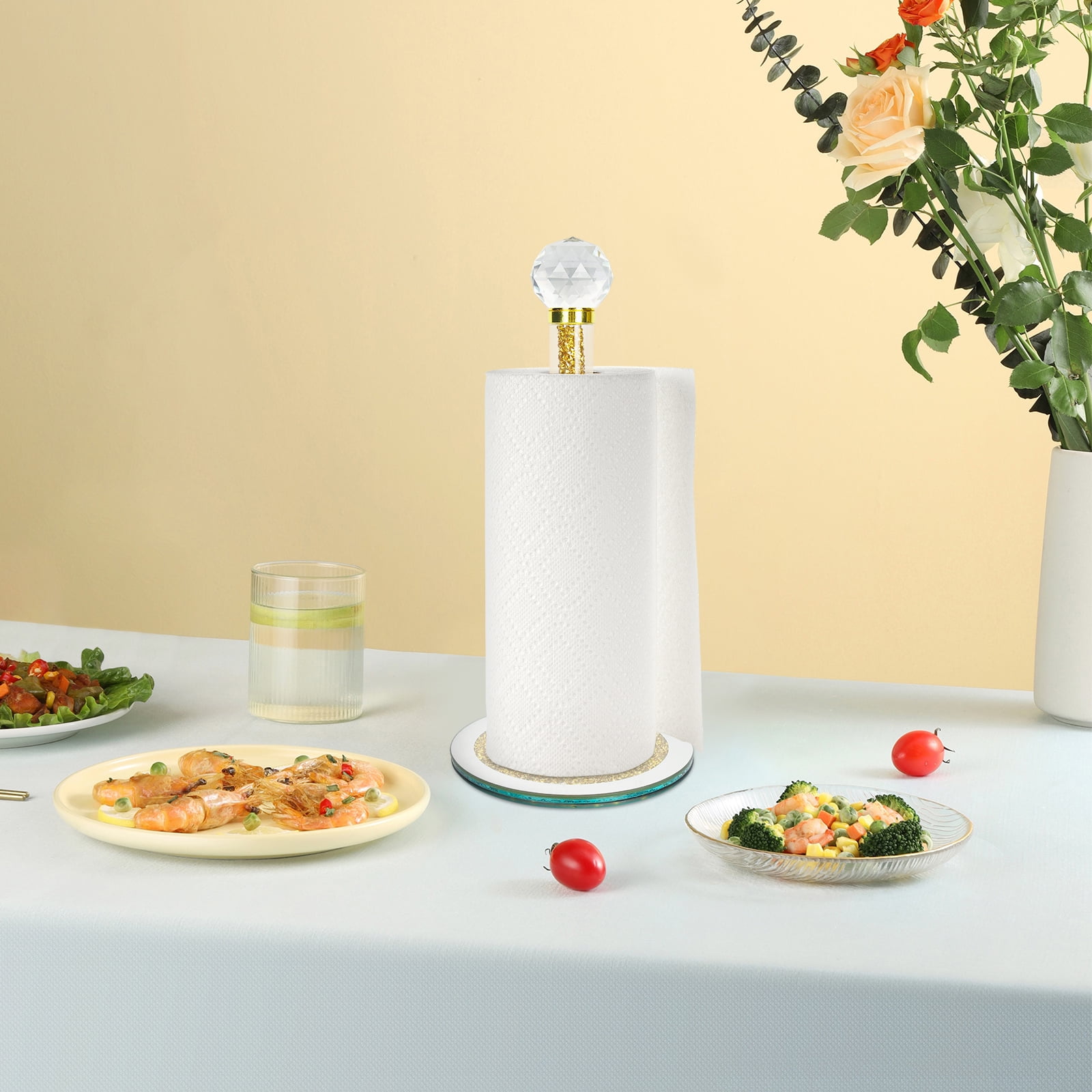 FOUNDLDF Round Base Vertical Paper Towel Holder with Sparkling Crystal Crushed Diamond Accents for Kitchen, Dining Table and Bathroom, Gold