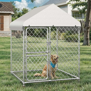 Uforic 4×5.4FT Outdoor Dog Kennel, Square Dog Crates Fence with Dual-Section Doors, Weather-Resistant Roof Cover, Mesh Design for Dogs of Various Sizes, Silver