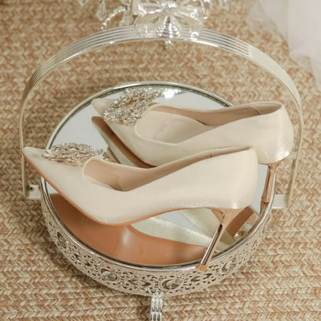 

Women s Crystal Square Buckle High Heels Pumps 2024 Elegant Silk Thin Heeled Wedding Shoes Woman Slip On Pointed Toe Dress Shoes Champagne color 8cm 37