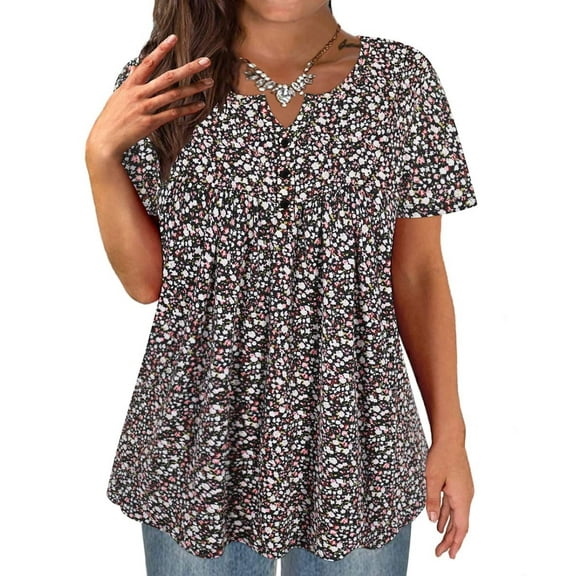 TIYOMI Plus Size Women's Tunic Tops Black Floral Short Sleeve Blouses 2X Buttons Up Henley Blouses Dressy Swing Flowy Shirts Pleated Babydoll Pullover Casual Spring Summer Tunics 2XL 18W 20W