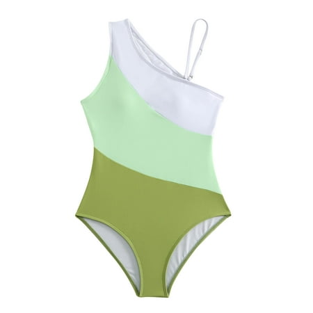 Arnsht Women s One Piece Tummy Control Swimsuit One Shoulder Bathing Suit Slimming Color Block Stripe Print Swimwear Green M