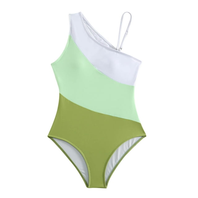 baikeli One Shoulder One Piece Swimsuit for Women Solid Tummy Control Bathing Suits Modest Full Coverage Double Straps Swimwear Beachwear Green,XL