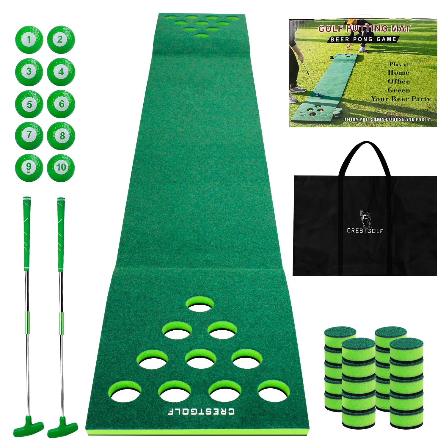 Crestgolf Putting Green 20 Golf Hole Covers Golf Training Mat with 2 Golf Putters, 10 Golf Balls