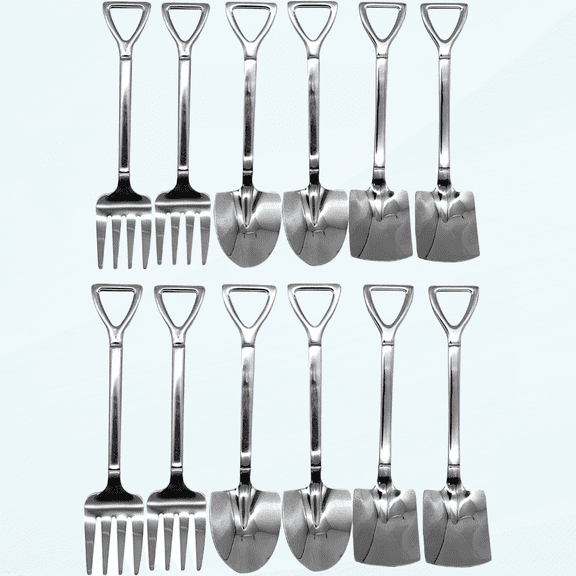12Pcs Shovel Spoons and Fork Set 18/10(304) Stainless Steel Spade Shape Silverware Set 6.1inch Mini Spoon for Dessert Coffee Yogurt Cake Fruit Ice Cream