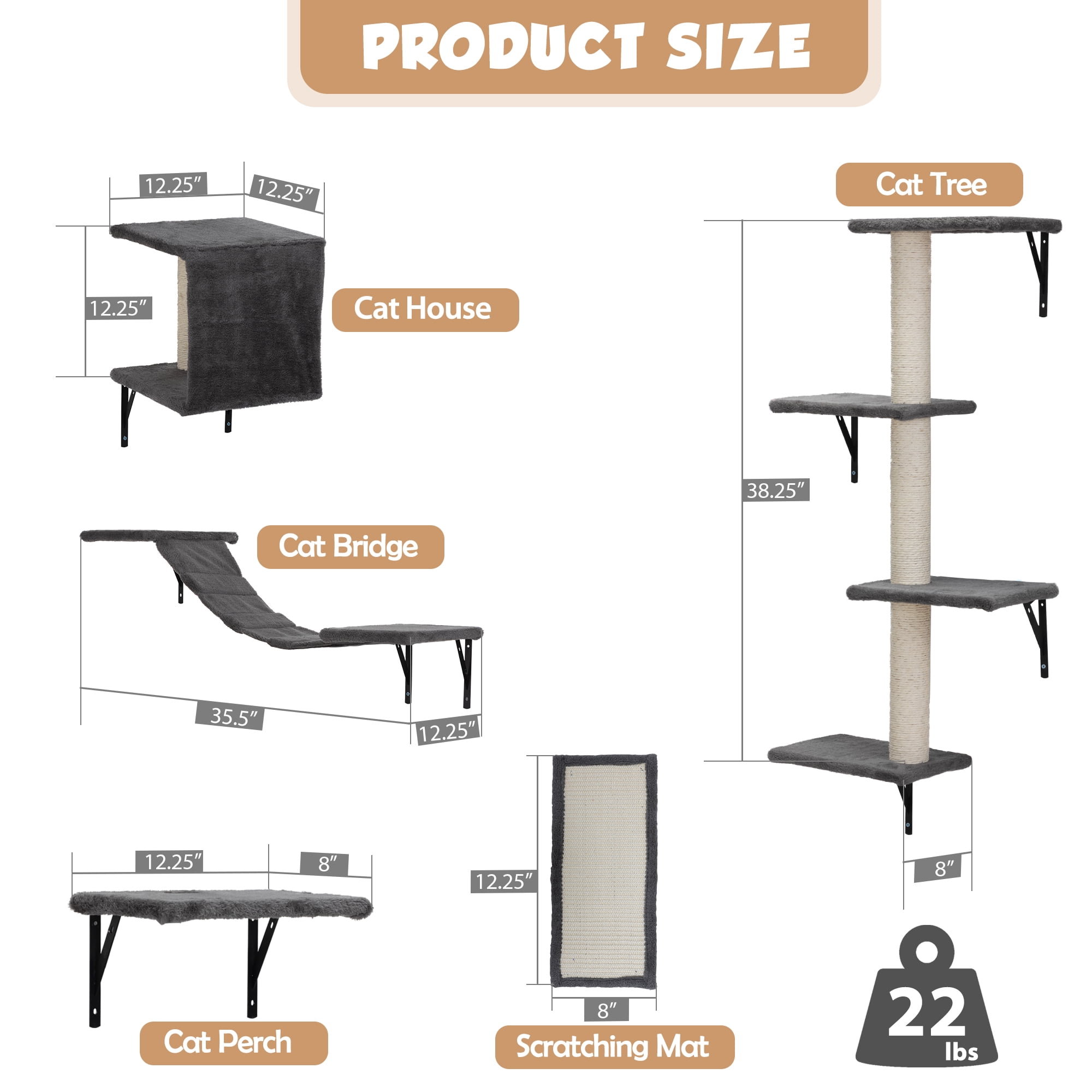 COZIWOW Wall Mounted Cat Furniture, Cat Wall Shelves and Perches, Floating Cat Shelves for Wall Set of 5, Grey