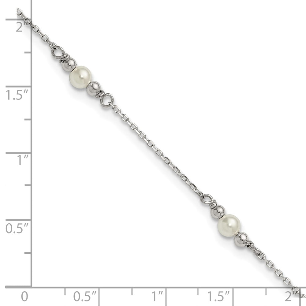 Sterling Silver Polished and Beaded with Acrylic Pearl 9 in with 1 inch Extension Anklet