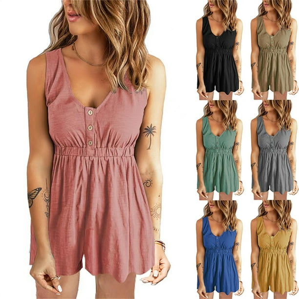 Jumpingount Mujer verano mono vestido playa viaje ninas boton chaleco alta cintura ropa senoras estilo Casual ropa rosa S conjuntos de ropa Rosado S Jumpingount AP011283 01 Walmart en linea