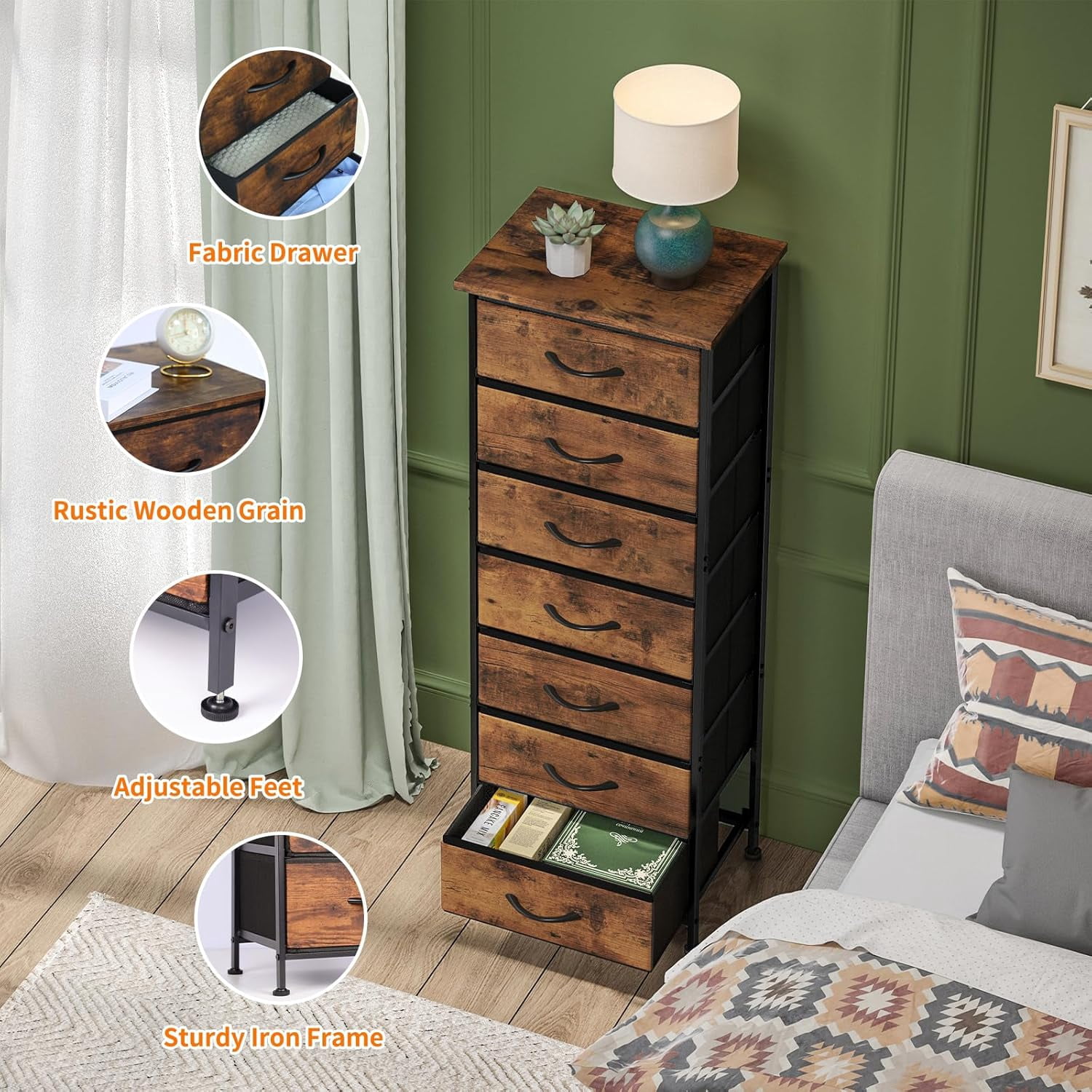Tall Dresser for Bedroom, Storage Dresser Organizer with 7 Fabric Drawers, Nightstand Furniture in Closet, Entryway, Hallway