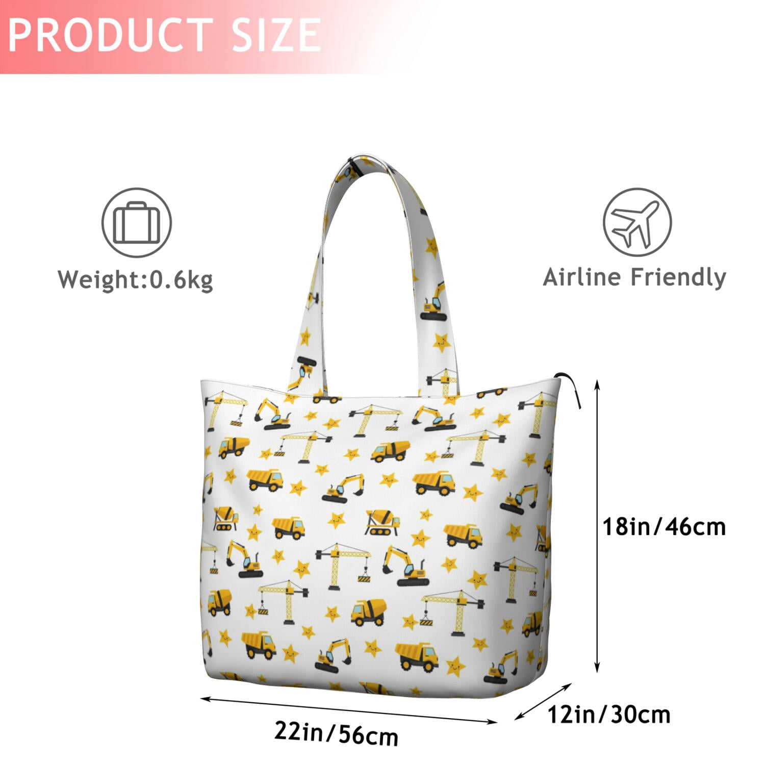 Cartoon Construction Vehicles Stars White Pattern Travel Tote Bags for Women Carry On,Large Weekender Bags for Women Travel,Multi Functional Duffle Bag for Work,Shopping,Sports