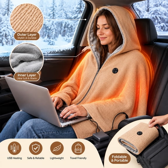 Heated Shawl Wraps for Women Men Hooded Wearable USB Heated Shawl Poncho with Zipper & Soft Fleece Lining, for Home Office Travel Outdoor, Winter Gift Beige