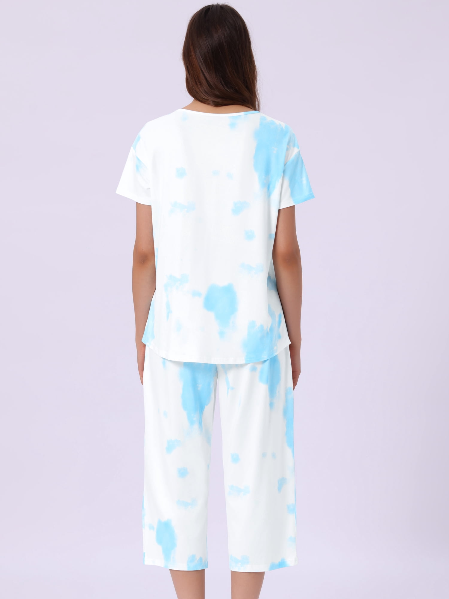 DARING DIVA Women's Short Sleeve Tie Dye Capri Pant with Pockets Loungewear 2XL Blue White