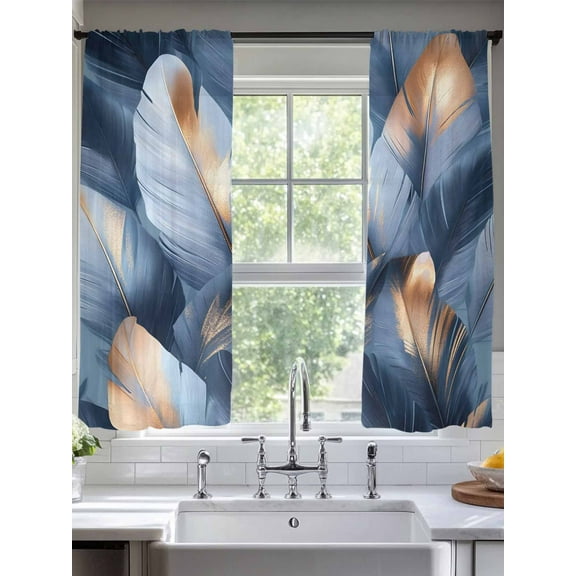 Navy Blue Ombre Feather Sheer Curtains for Living Room Bedroom Modern Art Leaves Sheer Curtains 63 Inch Long 2 Panels Set Light Filtering Curtain Window Treatments Drapes for Dining Room