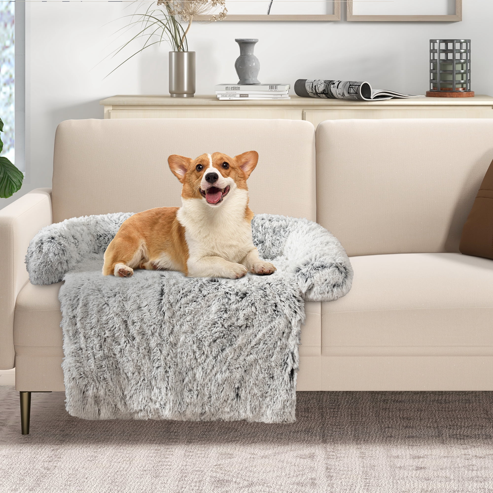 Costway Plush Calming Dog Couch Bed with Anti-Slip Bottom Plush Mat for Small Dogs & Cats Gray