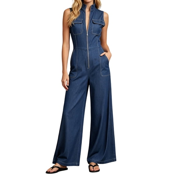 Avolia Women's Stand Collar Zipper Jumpsuit Casual Sleeveless Denim-Like Romper Outfit