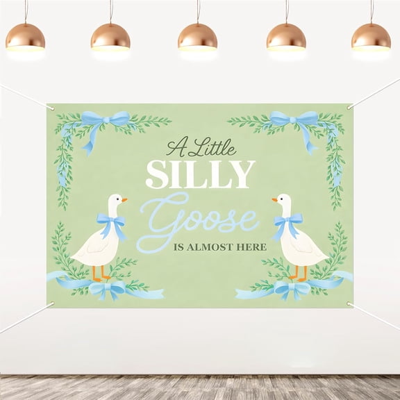6x4FT Silly Goose Baby Shower Backdrop A Little Silly Goose is Almost Here Background Green Bow Floral Leaves Farm Animal Gender Reveal Party Decorations Banner Supplies Photo Booth Props