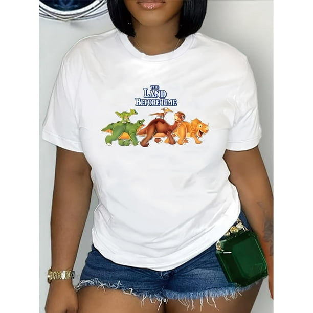 Playera Deportiva Manga Corta Mujer Dry-FitWomen's "The Land Before Time" Graphic T-Shirt - Cute Dinosaur Print, Casual Short Sleeve Crew Neck, Polyester, Machine Washable, Ideal for Spring/Summer,