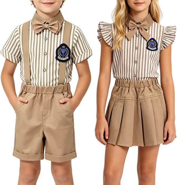 Odeerbi Chicos 5 Piezas Preppy Traje Rayado Vestido Camisa + Traje Pantalones Cortos + Corbata + Insignia de Pecho + Calcetines Uniforme Escolar Conjunto Caballero Traje Formal