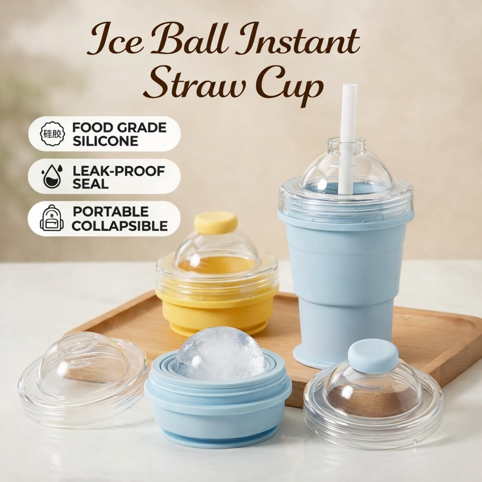 KANOHENO 2-in-1 Collapsible Silicone Ice Ball Maker Cup,13.5-16.9 oz Reusable Portable Ice Sphere Mold with Leakproof Lid & Straw,Touch-Free Leakproof Travel Tumbler
