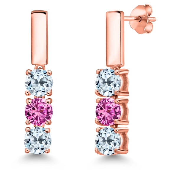 Gem Stone King 18K Rose Gold Plated Silver Sky Blue Topaz and Pink Created Sapphire Drop Dangle Earrings for Women | 1.95 Cttw | Gemstone November Birthstone | Round 5MM
