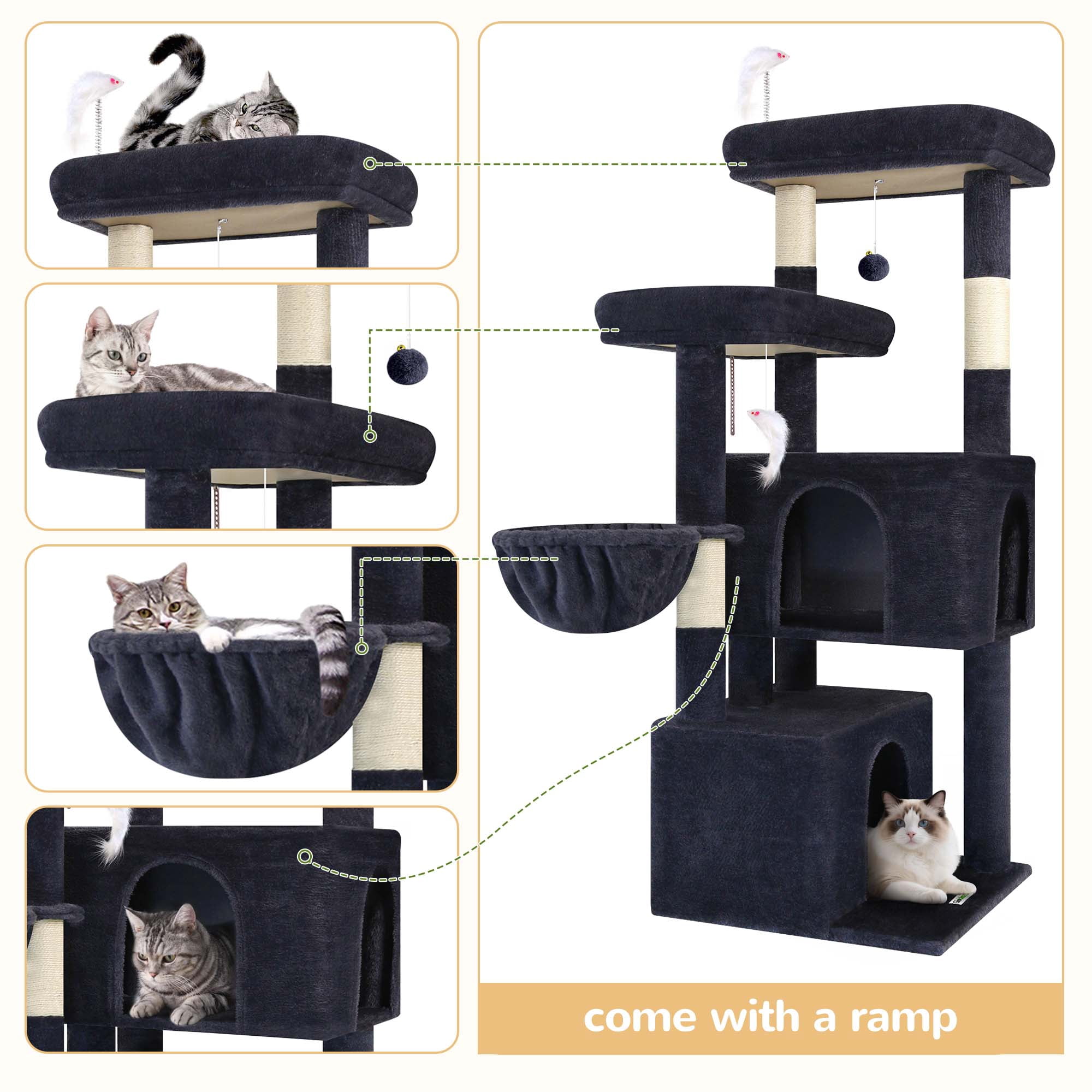 Cat Tree Tower with Scratching Post, 55" Plush Multi-Level Condo with 2 Caves & Basket, Dark Gray