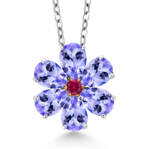 Gem Stone King 925 Sterling Silver and 10K Yellow Gold Blue Tanzanite and Red Created Ruby Pear Shape Flower Pendant Necklace for Women (2.73 Cttw, Gemstone Birthstone, with 18 inch Chain)