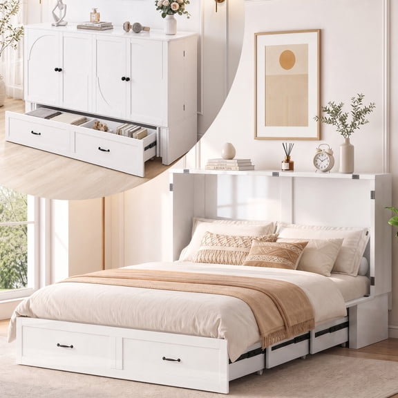PUREMIND Queen Size Murphy Bed with Mattress Included, Wall Bed with Storage Drawer and Charging Port for Bedroom/Office/Guest Room, White Style 2