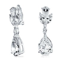 Bling Jewelry Womens Bridal CZ Teardrop Dangle Clip-On Earrings Silver Plated