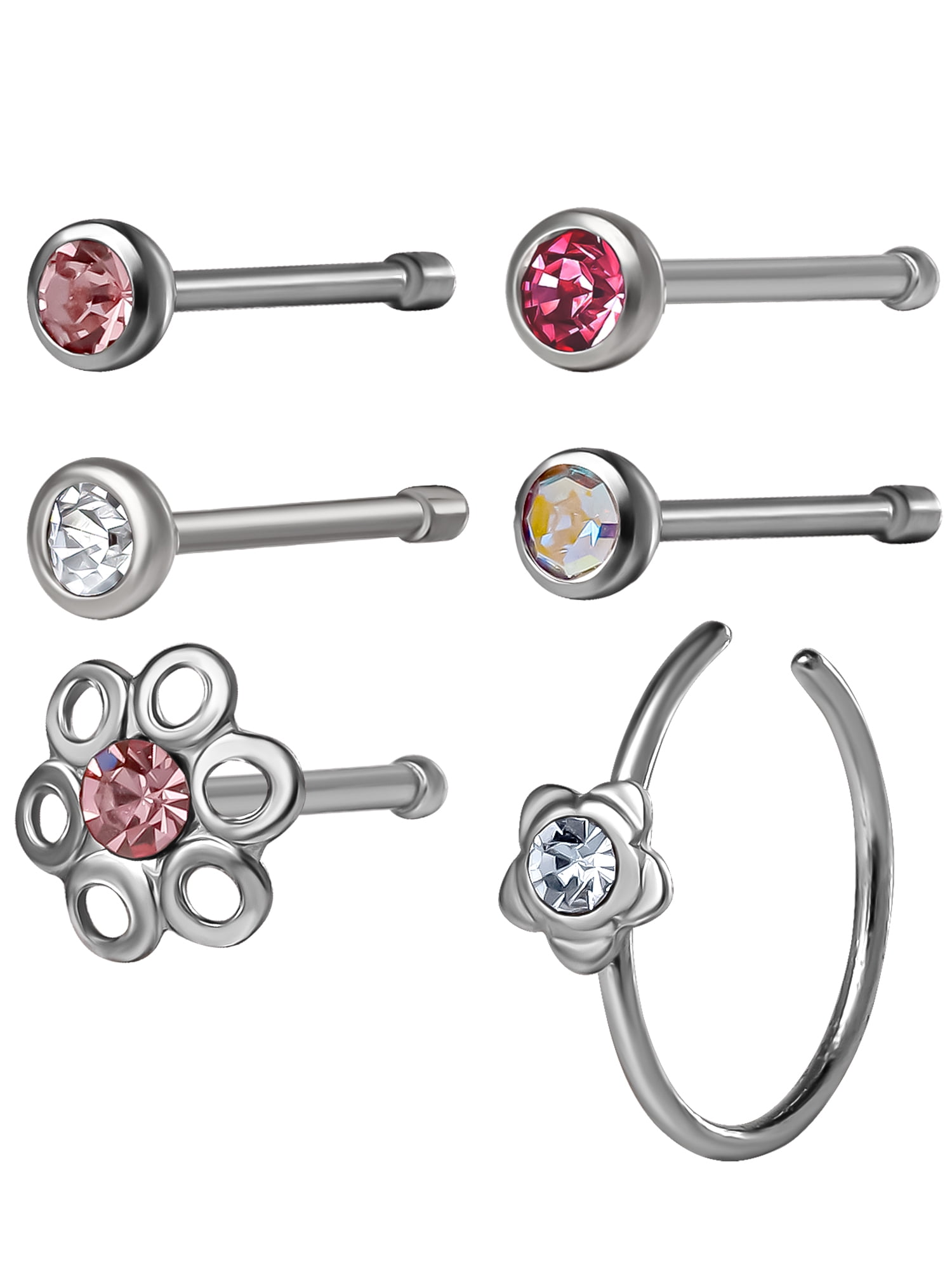 Body Jewelry Women's 16G Pink Crystal Flowers Nose Studs & Hoop, 6 Pack