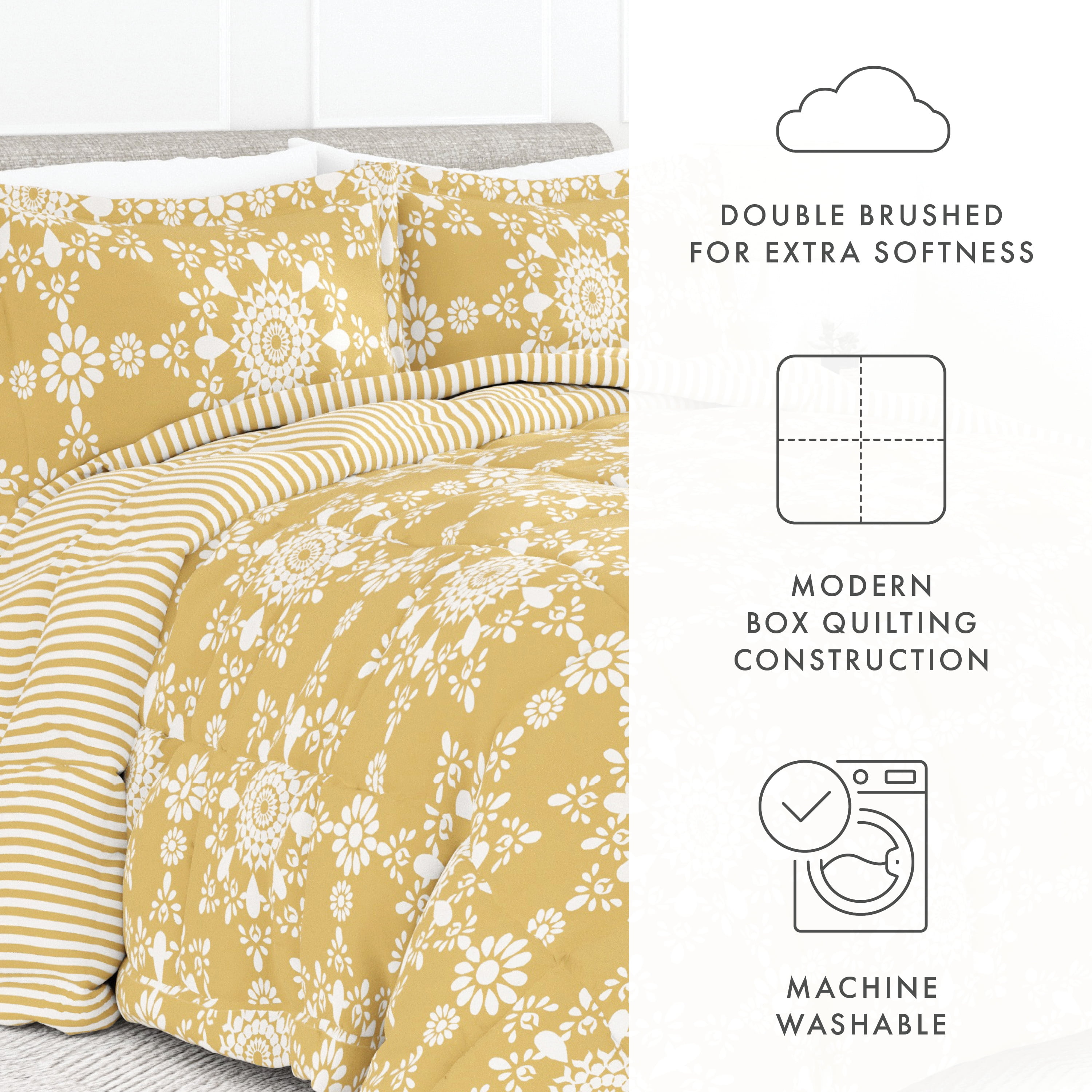 Noble Linens 3-Piece Yellow Daisy Medallion Reversible Print Comforter Set, Full/Queen