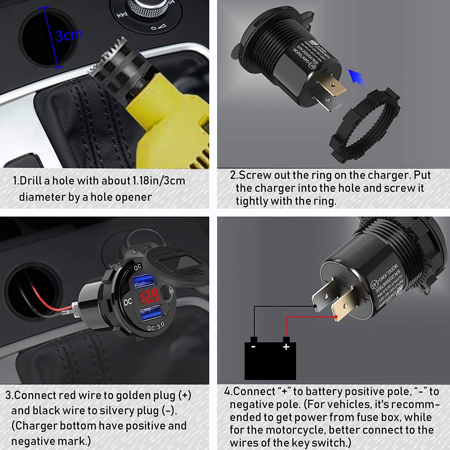 FXC Dual QC 3.0 USB Car Charger Socket | Digital Voltmeter | IP67 Waterproof | 12V/24V