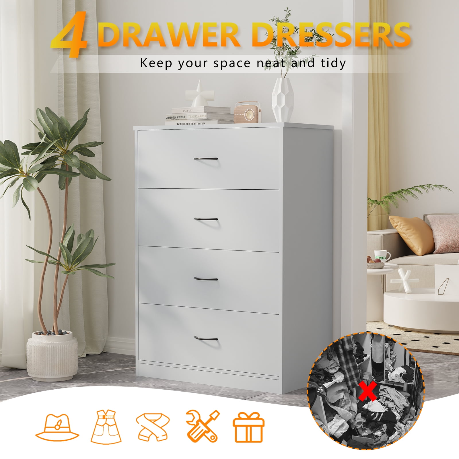 SUGIFT  4 Drawer Dresser, Modern Storage Cabinet for Bedroom, Chest of Drawers Wood Organizer for Living Room, Gray