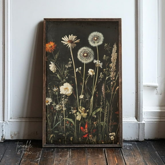 Vintage Dandelion Art Print Rustic Wildflower Wall Decor Dark Academia Antique Landscape Poster UNFRAMED Poster, 8x12