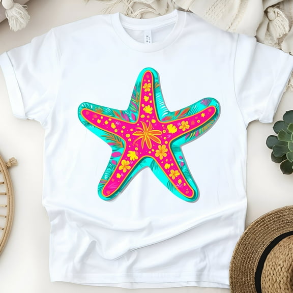 Tropical Starfish T-Shirt for Women, Bright Floral Ocean Summer Graphic Tee, White, Size S