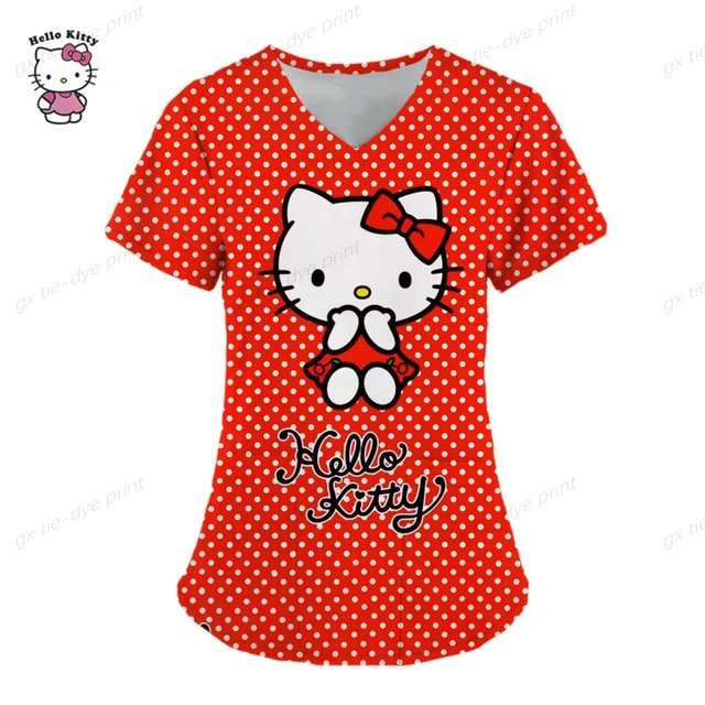 LS Nurse Uniform Women Short Sleeve Hello Kitty Working Uniform Pocket Blouse Scrubs Tops Nursing Medical Uniforms Accessories