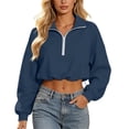 thumbnail image 5 of hoksml Women Half Zip Collar Drawstring Hem Cropped Sweatshirt Drop Shoulder Puff Long Sleeve Pullover for Street Casual Daily, 5 of 8