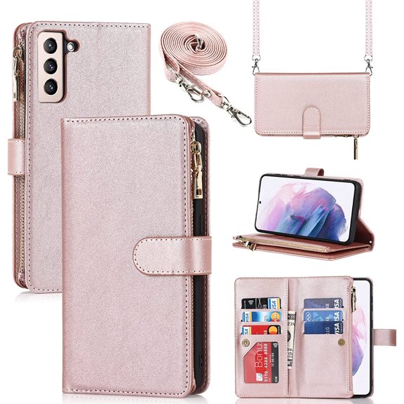 for Samsung Galaxy S21 Plus 5G Wallet Case,[9 Card Slots] Adjustable Crossbody Necklace Lanyard Shoulder Strap Zipper Magnetic Leather Case for Samsung S21 Plus 5G,6.7 inch RoseGold