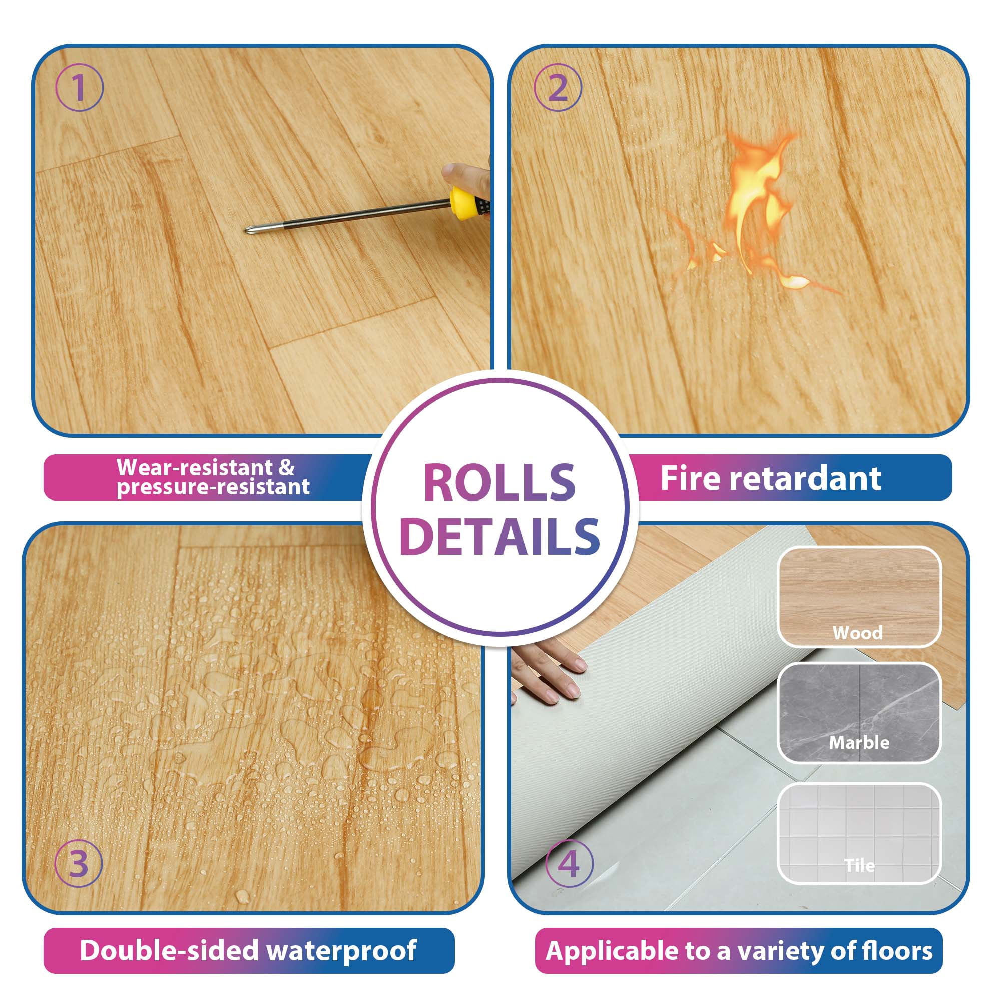 luxury vinyl sheet flooring 3.28 ft*16.4 ft roll UV layer PVC flooring planks  for Bathroom Living Room Kitchen 1.6mm thickness